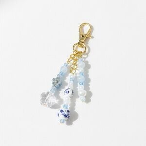 Chic Gold and Blue Floral Handmade Beaded Bag Charm Keychain